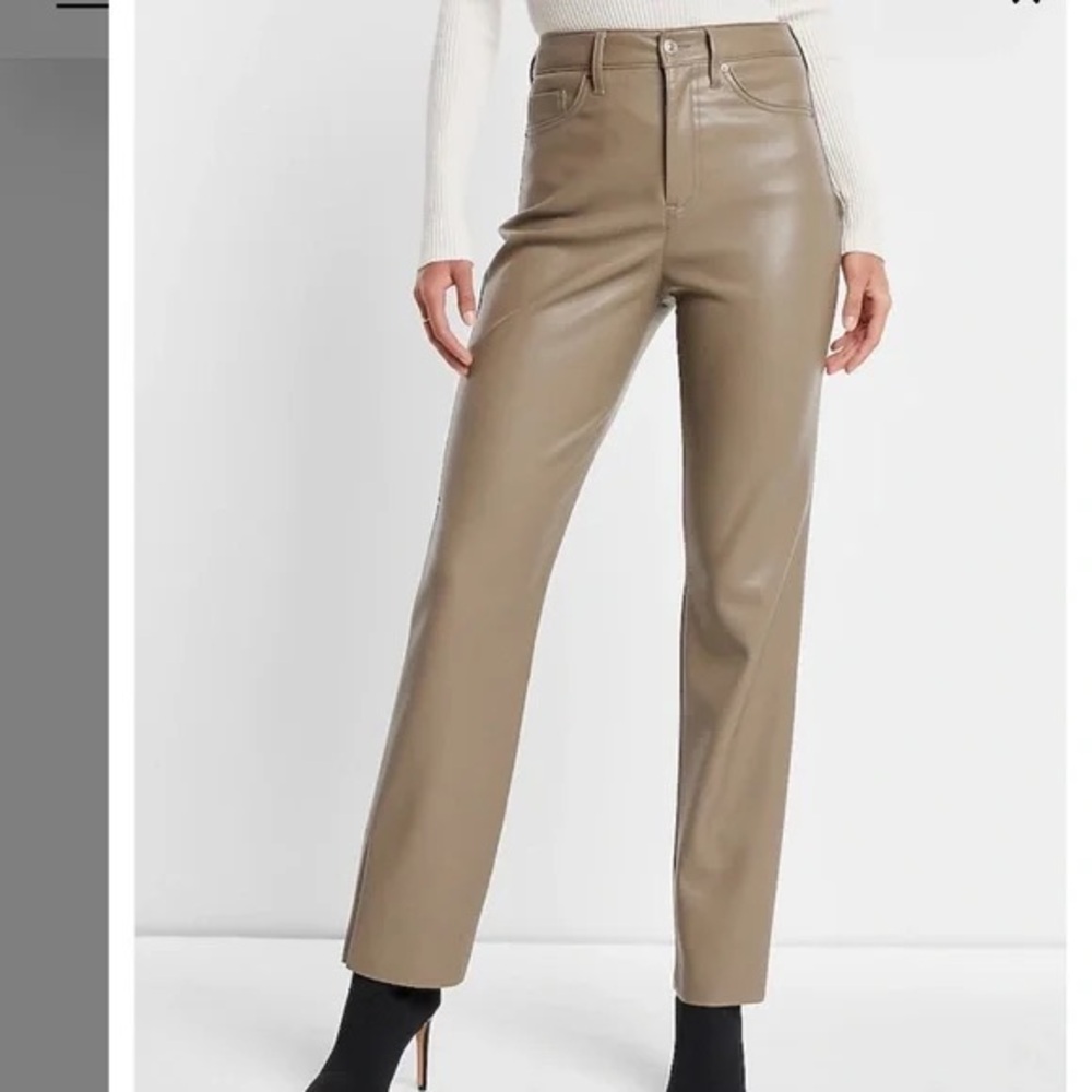 Shinestar Faux Leather High Waisted Straight Leg Trouser Pants Small Tan